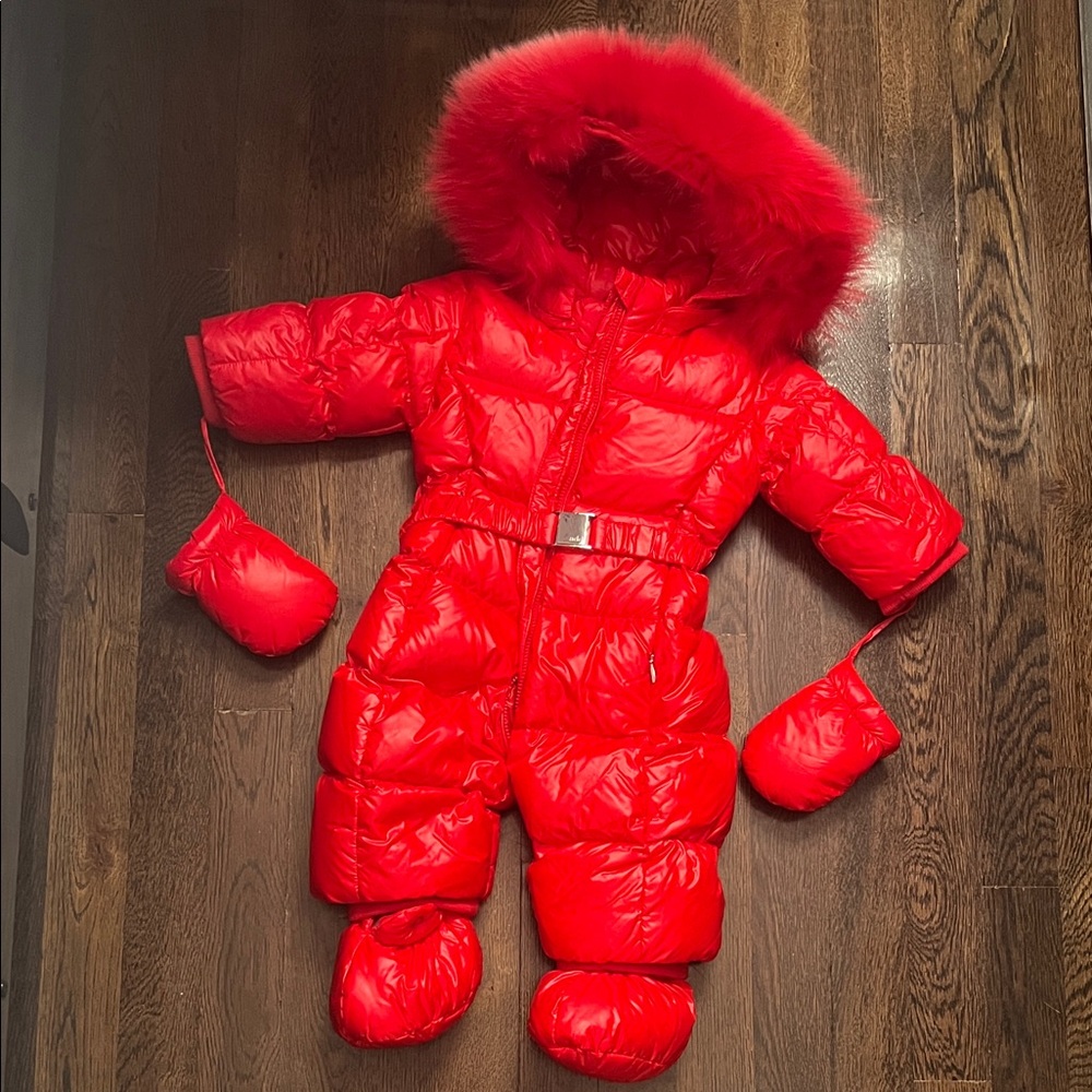Add Down Kids Bright Red Puffer Snowsuit with Fur-Trim Hood and Mittens